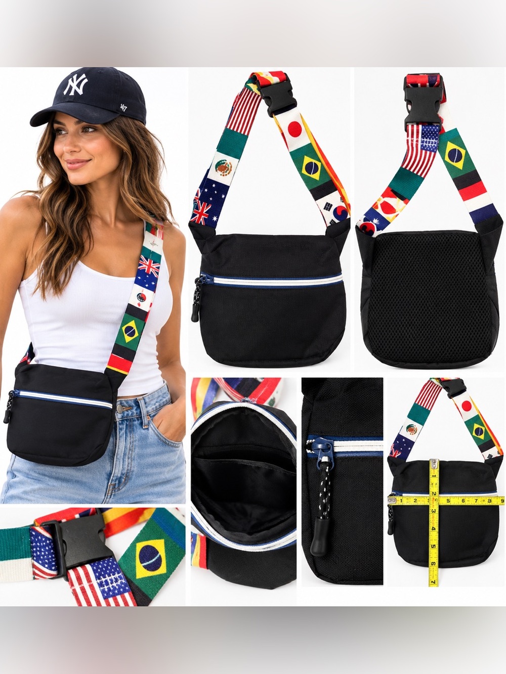 Source Unknown Black Crossbody Bag with Multicolor International Flag Strap